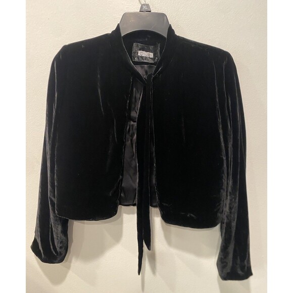 Reformation Black Velvet Cropped Bolero Jacket Open Front Whimsigoth Sz XS - Picture 3 of 8